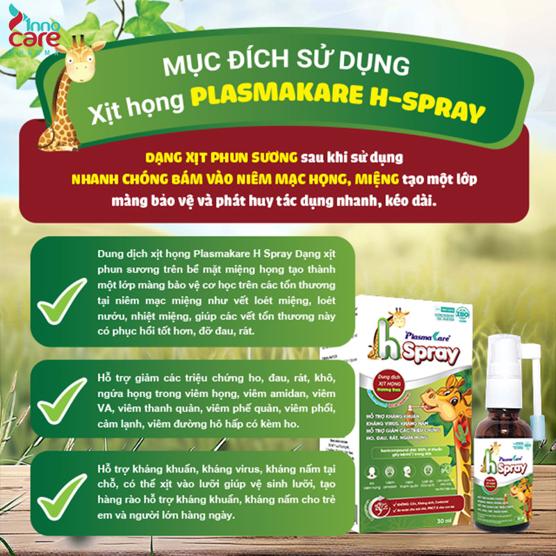 Mục đích sử dụng xịt họng Plasmakare H-Spray 1